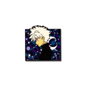 May include: Enamel pin featuring an anime character with white hair and yellow skin, wearing a black turtleneck. The background is a stained-glass design with stars, purple, and blue hues, and a crescent moon.