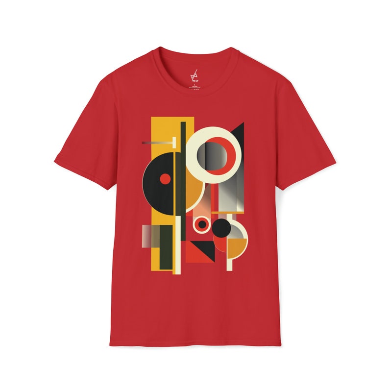 May include: Red t-shirt with a geometric design featuring circles, squares, and rectangles in shades of yellow, orange, red, black, and gray.