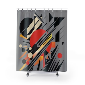 May include: Gray shower curtain with an abstract geometric design. The design features a large red circle, black and beige shapes, and diagonal black lines. Other shapes include orange, yellow, and smaller circles.