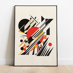 Könnte beinhalten: Abstrakter geometrischer Kunstdruck mit schwarzen, weißen, roten, orangefarbenen und gelben Formen. Der Druck zeigt einen großen roten Kreis in der Mitte.