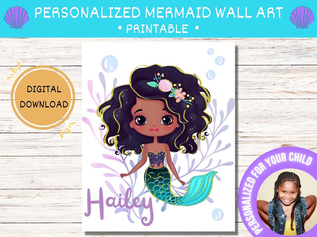Custom Girl’s Name Mermaid Wall Art, Personalized Room Decor, Black ...