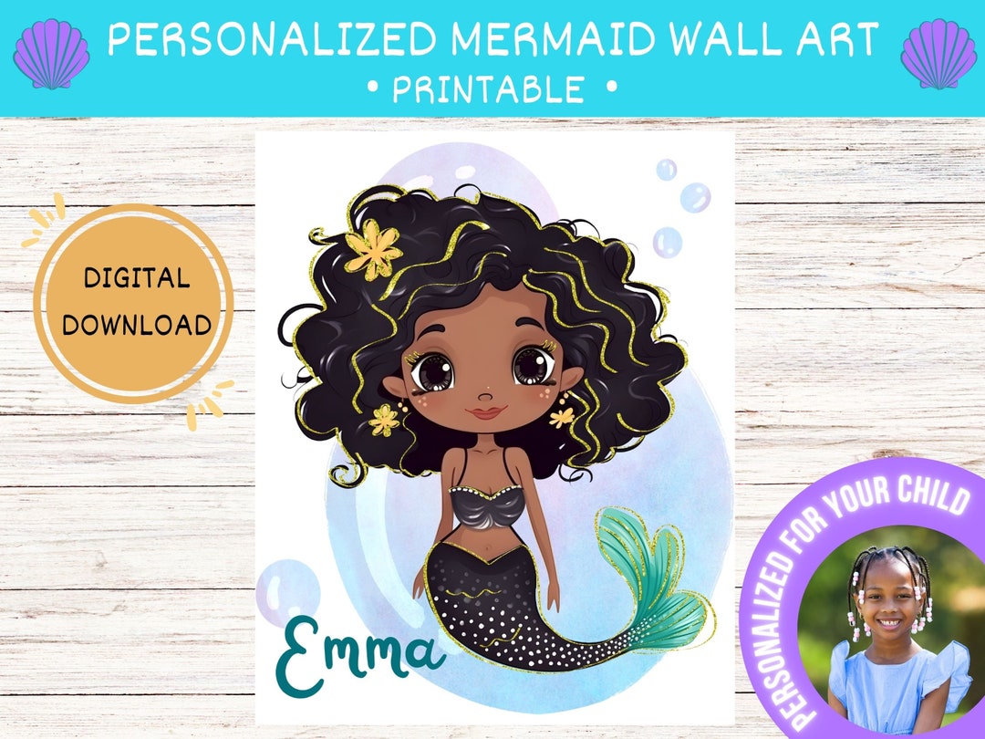 Personalized Mermaid Wall Art, Custom Girl’s Name Nursery Print, Black ...