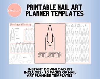 Puede incluir: Plantillas de planificador de arte de uñas imprimibles con 10 páginas. La imagen muestra una página con una forma de uña de stiletto y el texto "STILETTO".