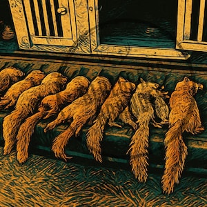 May include: An artistic depiction of several brown squirrels with bushy tails, arranged on a dark surface. The image has a vintage, stylized appearance, with a focus on the animals' fur and tails.