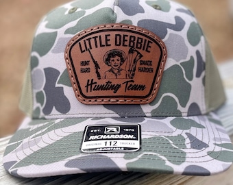 Funny Hunter with Rifle & Bow Snack Cake SEWN LEATHER PATCH | Richardson 112 Hat | “Hunt Hard Snack Harder” | Sewn on Patch