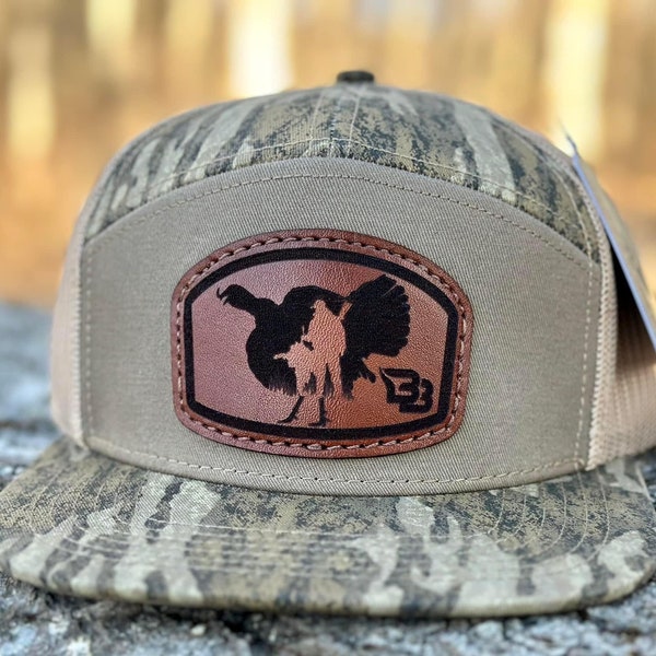 Turkey Hunting Leather Patch Hat Hunter with Gobbler SEWN LEATHER PATCH