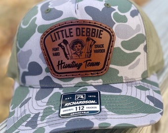 Funny Hunter with Bow Snack Cake SEWN LEATHER PATCH Richardson 112 Hat | “Hunt Hard Snack Harder” | Sewn on Patch