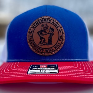 Retro Vintage Remember Kids Electricity Kills Leather Patch Richardson 112 Hat SEWN LEATHER PATCH| Lineman | Electrician