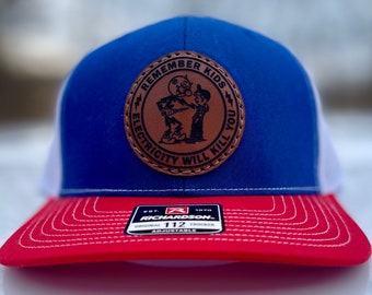 Retro Vintage Remember Kids Electricity Kills Leather Patch Richardson 112 Hat SEWN LEATHER PATCH| Lineman | Electrician