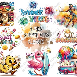 Vibraciones de verano PNG, ideal para sus proyectos personales y profesionales, uso comercial incluido, hola verano 2024 PNG, Clipart de animales, 2024