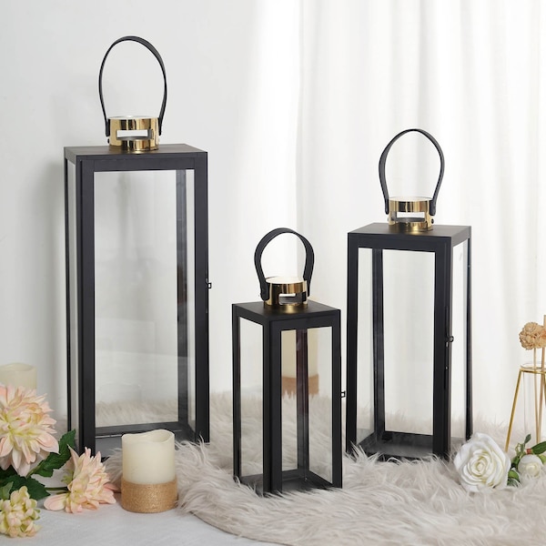 Black & Gold Top Stainless Steel Candle Lantern Centerpiece Outdoor Metal Patio Lantern