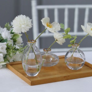 Set of 3 | Small Clear Glass Flower Bud Table Centerpieces With Metallic Gold Rim, Modern Floral Vases – Assorted Sizes