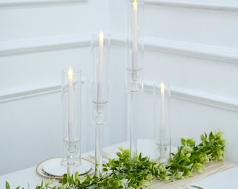 Clear Crystal Glass Hurricane Taper Candle Holders With Tall Cylinder Chimney Tubes