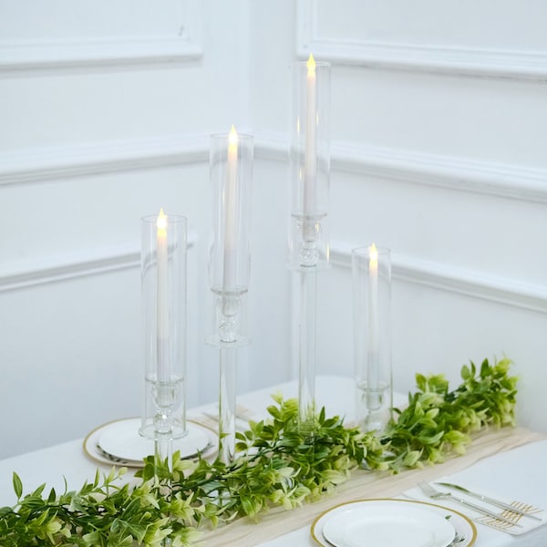 Clear Crystal Glass Hurricane Taper Candle Holders With Tall Cylinder Chimney Tubes