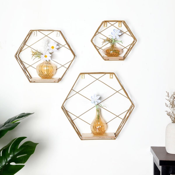 3 Pack Hexagonal Floating Wall Shelves, Decorative Geometric Wall Mounted Shelves - 9"|12"|14"