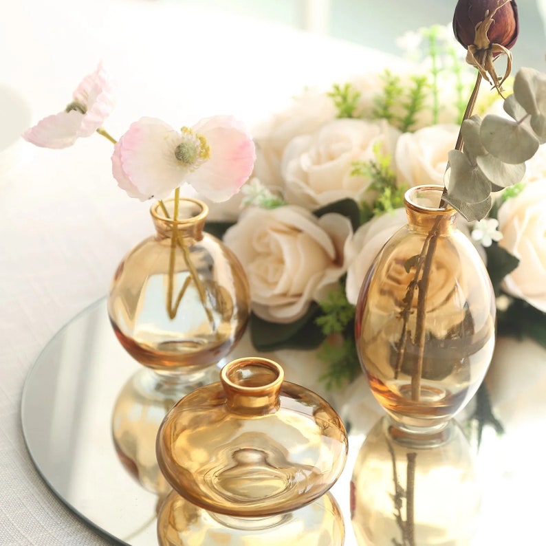 Set of 3 Small Clear Glass Flower Bud Table Centerpieces With Metallic Gold Rim, Modern Floral Vases Assorted Sizes Gold