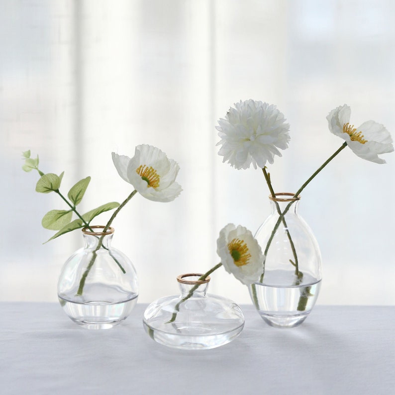 Set of 3 | Small Clear Glass Flower Bud Table Centerpieces With Metallic Gold Rim, Modern Floral Vases – Assorted Sizes