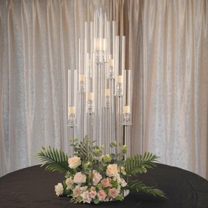 Clear Crystal Cluster Round Taper Candelabra, Candle Holder For Votive, Pillar or LED Candles With Mirror Base