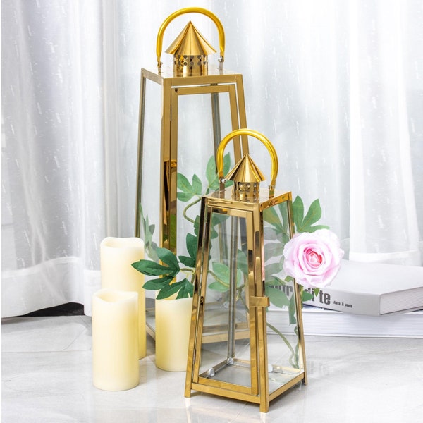 Gold Cone Top Stainless Steel Candle Lantern Centerpiece Outdoor Metal Patio Lantern