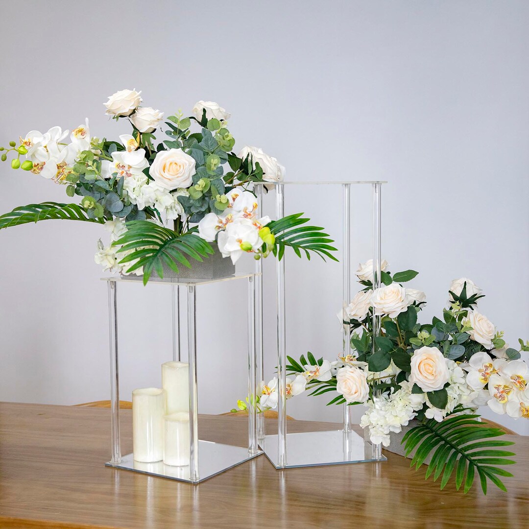 Clear Acrylic Floor Vase Flower Stands With Mirror Base, Pedestal