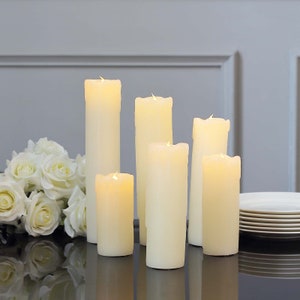 Set of 6 | Warm White Flameless Flicker LED Drip Wax Pillar Candles, Battery Operated Holiday Candles