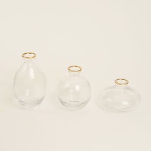 Set of 3 | Small Clear Glass Flower Bud Table Centerpieces With Metallic Gold Rim, Modern Floral Vases – Assorted Sizes