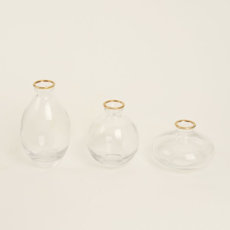 Set of 3 | Small Clear Glass Flower Bud Table Centerpieces With Metallic Gold Rim, Modern Floral Vases – Assorted Sizes