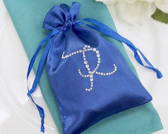 100 Pack 5"x7" Personalized Diamond Letter Satin Wedding Favor Bags with Drawstring