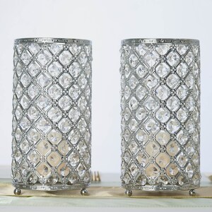 2 Pack | 9” Metal Crystal Beaded Pillar Votive Candle Holder Set, Multipurpose Crystal Flower Stem Vase