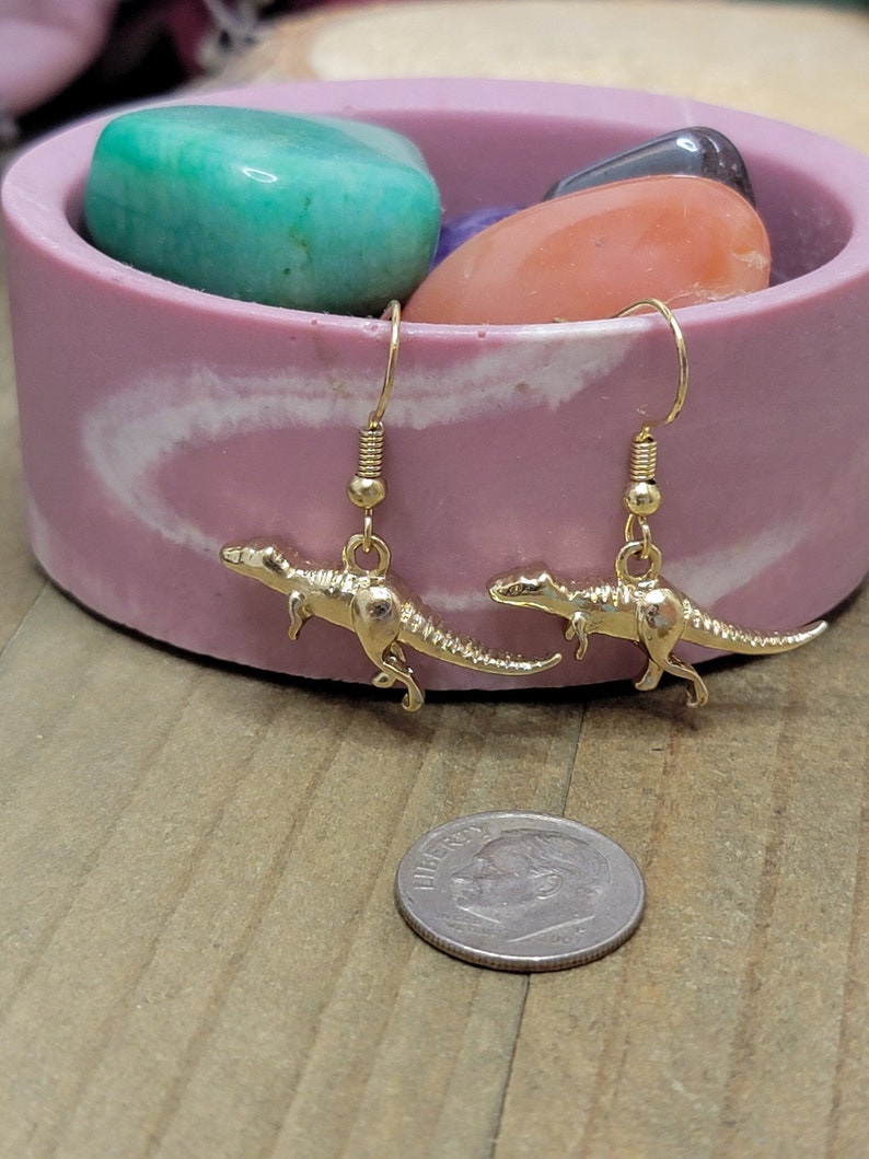 Dinosaur Charm Earrings, Gold Metal Trex Earrings, Tyrannosaurus