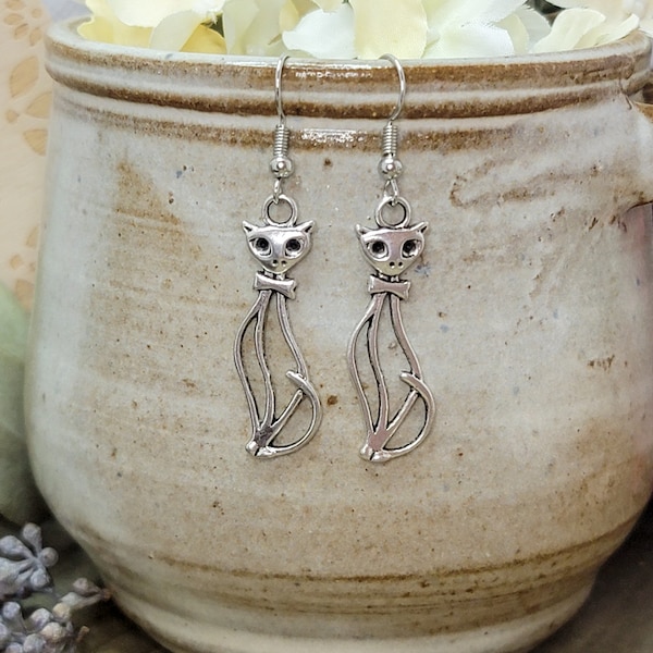 Whimsical Silver Kitty Dangle Earrings, Artistic, Cat Lovers, Boho Simple Charm Earrings, Gift for Kitty Lovers, Cats Rule Dogs Drool