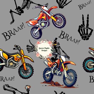 Puede incluir: Un fondo gris presenta un patrón repetido de motos naranjas y amarillas, manos de esqueleto y la palabra "BRAAAP!". Un esqueleto está montando una moto. La imagen incluye el texto "Lauren Phyllis Designs".