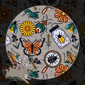 May include: A seamless pattern featuring a variety of insects, flowers, and a magnifying glass. The pattern is on a gray background with a distressed texture. The insects include butterflies, ladybugs, fireflies, and grasshoppers. The flowers are yellow and orange daisies. The magnifying glass is over a ladybug.