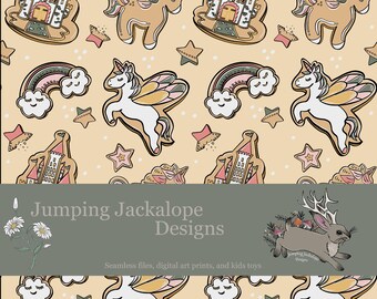 Unicorn Cookies Seamless File: Hand Drawn Girl Design (Digital Download)