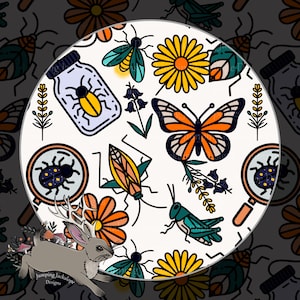 May include: A white background with a repeating pattern of various insects, flowers, and a rabbit. The insects include a butterfly, a grasshopper, a ladybug, and a firefly. The flowers are yellow with orange centers. The rabbit is white with brown ears and a brown nose. The pattern is surrounded by a black circle.