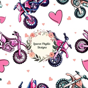 May include: A seamless pattern featuring pink and teal dirt bikes with pink hearts and floral wreaths. The text "Lauren Phyllis Designs" is in the centre of the pattern.