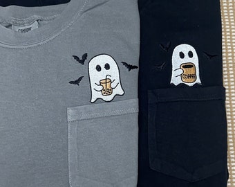 Embroidered pocket ghost comfort colors pocket tee,Halloween ghost shirt, coffee ghost pocket tee, bubble tea ghost, spooky season shirt