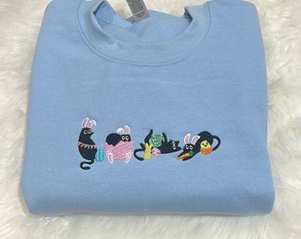 Easter black Cats Embroidered sweatshirt, Easter Embroidered crewneck, Easter sweatshirt, Cat Love Embroidered