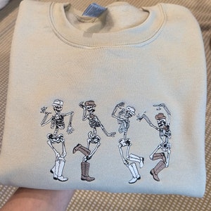 Embroidered Western Dancing Skeletons Sweatshirt/ Embroidered Halloween Crewneck  / Embroidered Skeletons sweatshirt