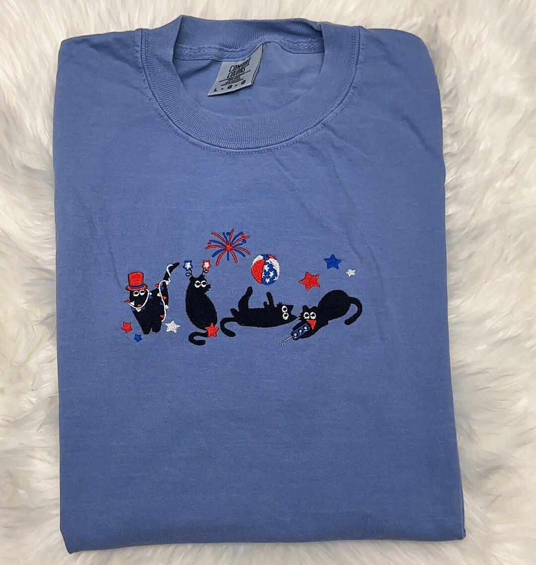 Fourth of July Embroidered Black Cats Comfort Colors Shirt, Fourth of