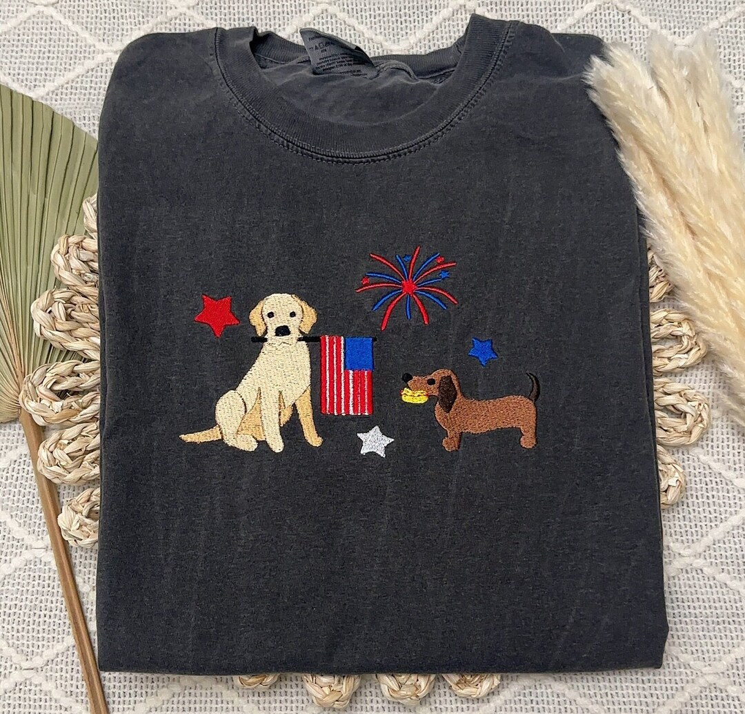 Fourth of July Embroidered Doggies Comfort Colors Shirt, Fourth of July