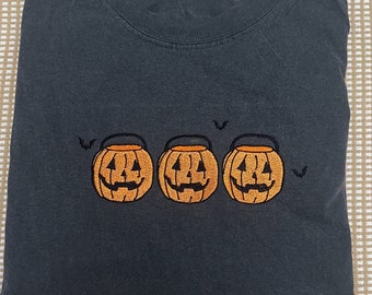 Pumpkin buckets Halloween spooky season pumpkins embroidered comfort colors T-shirt, Halloween T-shirt, Spooky season T-shirt spooky season