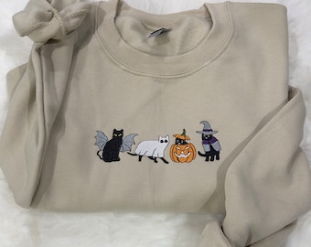 Embroidered Costume Ghost Cat Halloween Sweatshirt/ Halloween Ghost Cats Embroidered Hoodie