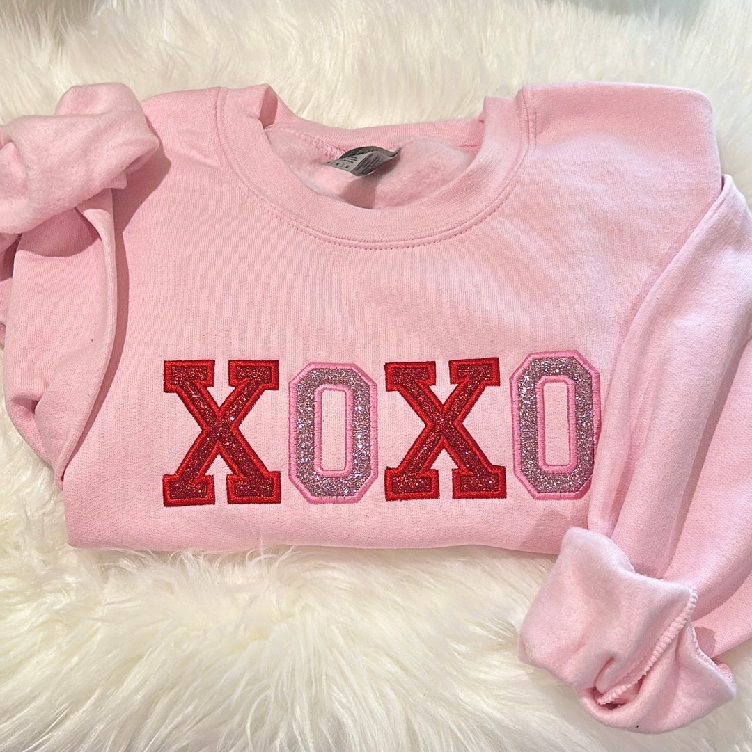 XOXO Glitter Appliqué Embroidered Sweatshirt, Valentines Day Sweatshirt