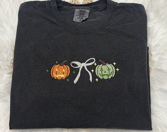 Cute coquette spooky season pumpkins embroidered comfort colors T-shirt, Halloween T-shirt, Spooky season T-shirt spooky season tee