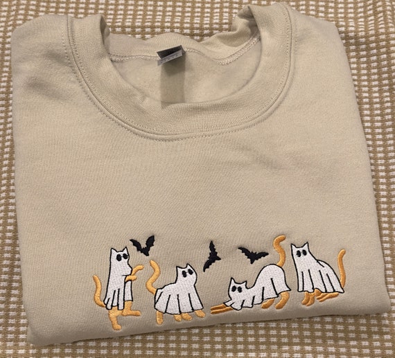 Embroidered Cream Orange Ghost Cats Halloween Sweatshirt/ Embroidered Halloween Cats Crewneck  / Embroidered  Ghost sweatshirt