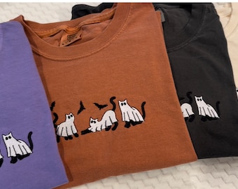 Embroidered Ghost Cat Halloween Shirt/ Ghost Halloween Cat Sweatshirt / Ghost Cat Shirt /  Halloween shirt / Comfort Colors Shirt