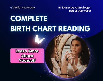 May include: A blue and purple graphic with a woman looking in a mirror. The text reads "Vedic Astrology", "COMPLETE BIRTH CHART READING", "Learn More About Yourself", and "Done by astrologer not a software".