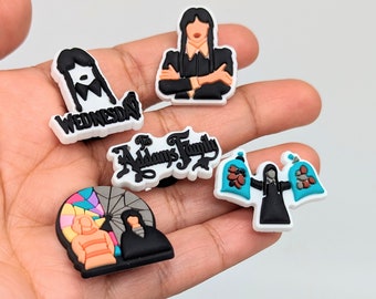 Wednesday Addams Inspired Shoe Charms | Wednesday Charms | Jibbitz for Crocs | Addams Family Enid Thing Shoe Charm | Shoe Charm Pin Badge