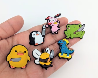 Funny Animals Shoe Charms | Duck Bee Frog Penguin with Knife Crocs Charms | Jibbitz for Crocs | Dinosaur Croc Pins Badge | Fashion Charms
